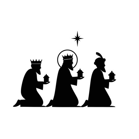 Silhouette illustration of the Three Kings or Wise Men kneeling and offering gifts under a star.のイラスト素材