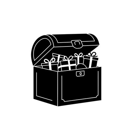 Black and white illustration of an open treasure chest overflowing with wrapped gifts.のイラスト素材