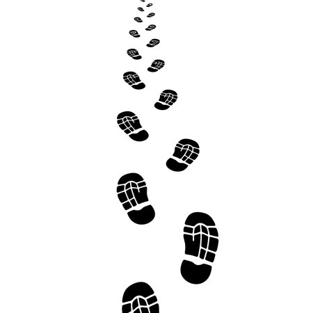 A series of black boot footprints creating a path on a clean white background, suggesting movement or a journey.のイラスト素材