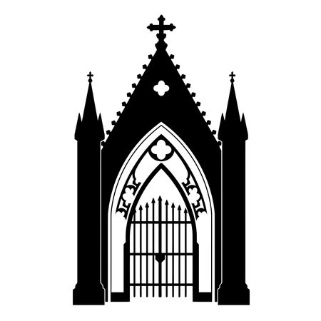 Black and white illustration of a gothic church entrance.のイラスト素材