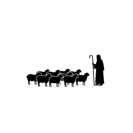 A black and white silhouette illustration depicting a shepherd with a staff tending to a flock of sheep, evoking themes of guidance and care.のイラスト素材