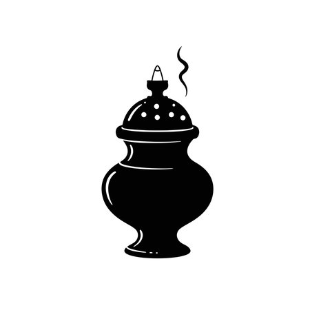 A black silhouette of a traditional incense burner with a lid, emitting a wisp of smoke, set against a white background.のイラスト素材