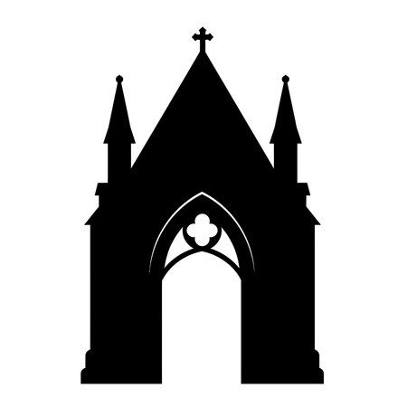 A striking black silhouette of a gothic church with intricate architectural details and a prominent cross on its spire.のイラスト素材