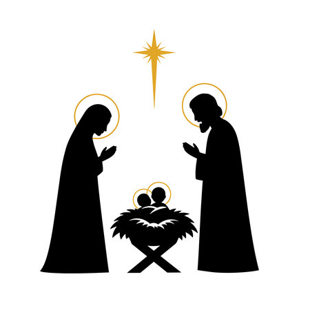 A silhouette of Mary, Joseph, and baby Jesus in a manger, with the Star of Bethlehem above.のイラスト素材