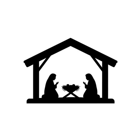 A black silhouette of the Nativity scene, depicting Mary and Joseph kneeling beside baby Jesus in a manger, all under a stable roof.のイラスト素材