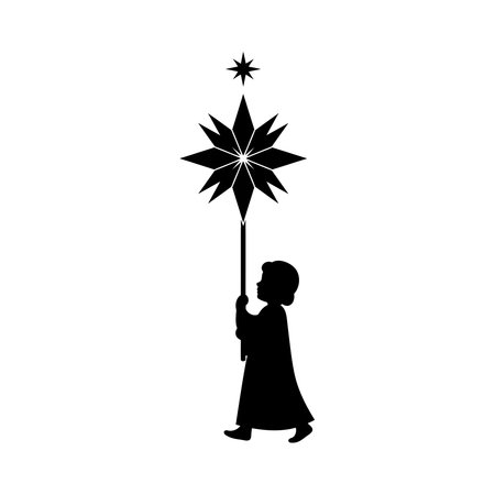 Silhouette of a child holding a star, representing Christmas, hope, and faith in a simple design.のイラスト素材