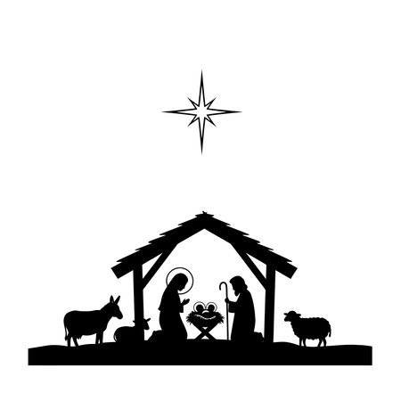 Silhouette of the Nativity scene with Mary, Joseph, baby Jesus, animals, and a star.のイラスト素材