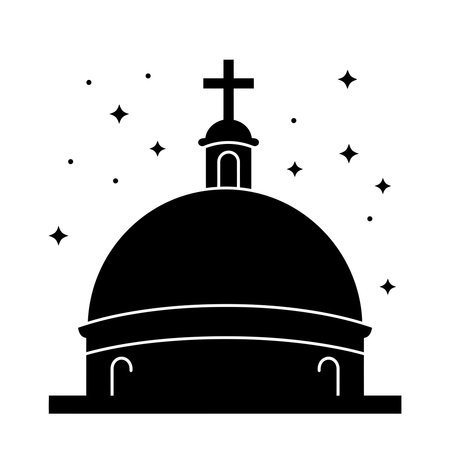 A simple black glyph icon of a cathedral or church dome topped with a cross. The religious building is surrounded by stars, representing a holy or night scene.のイラスト素材
