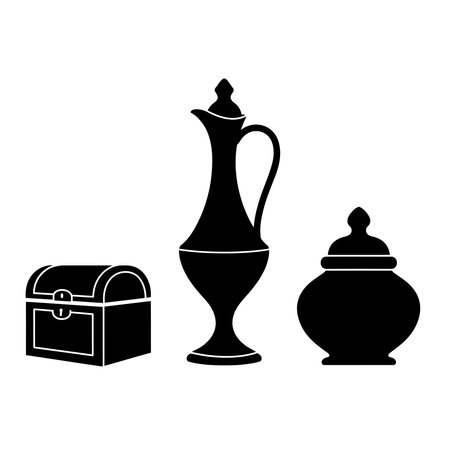 A silhouette illustration of antique vessels and a chest, evoking a sense of history and mystery.のイラスト素材