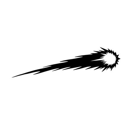 A stylized black and white vector illustration of a fast moving meteor or comet. The graphic shows a fireball with a long, jagged tail, isolated on a white background.のイラスト素材