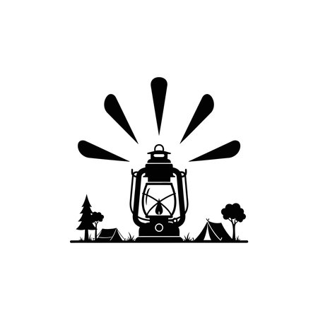 A vintage lantern shines brightly, illuminating tents and trees in a peaceful campsite silhouette against a dark background.のイラスト素材