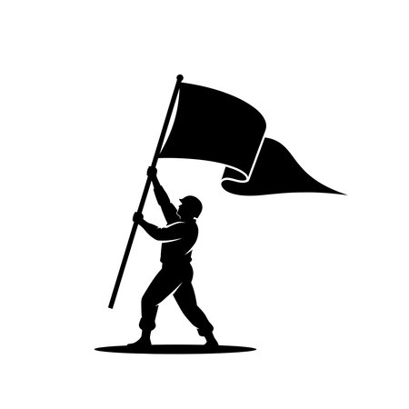 A silhouette of a person holding a flag, symbolizing victory or achievement, against a white background.のイラスト素材