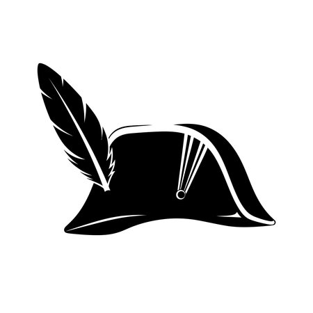 A black and white silhouette of a classic bicorne hat, also known as a cocked hat, adorned with a single feather.のイラスト素材