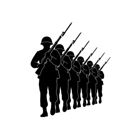 A black silhouette of a line of soldiers in uniform, holding rifles and marching forward, representing military and defense.のイラスト素材