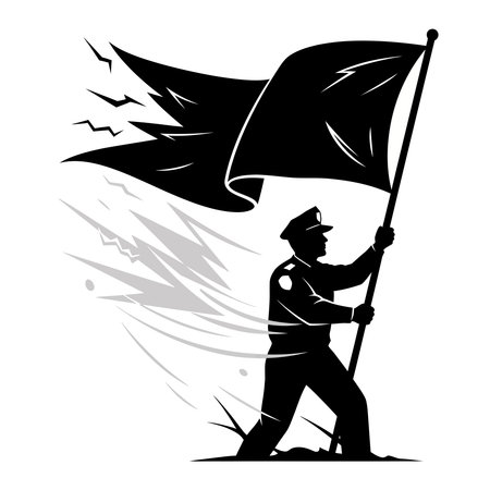 A black and white graphic illustration of a man in uniform standing strong while holding a large, waving flag. This symbolic image represents concepts like duty, patriotism, strength, and resilience.のイラスト素材