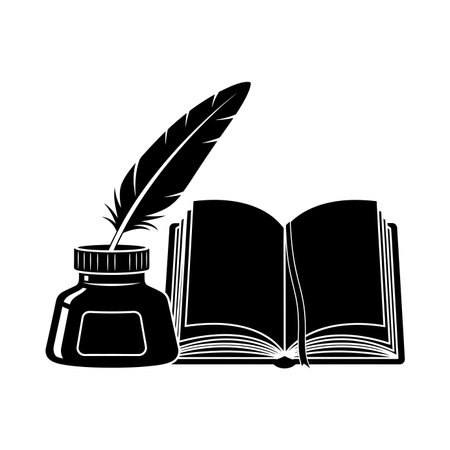 A black and white illustration of a quill pen in an inkwell next to an open book, symbolizing writing and knowledge.のイラスト素材