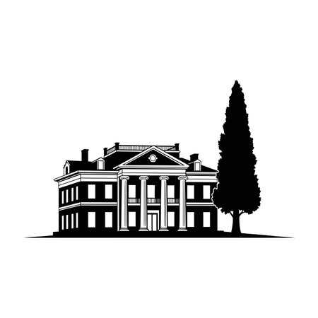 A classic black and white illustration of a grand colonial-style mansion featuring prominent columns and a tall, slender cypress tree.のイラスト素材