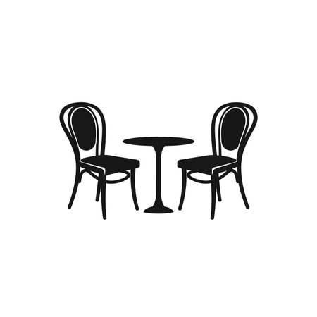A simple black silhouette of a round bistro table with two classic chairs on a white background.のイラスト素材