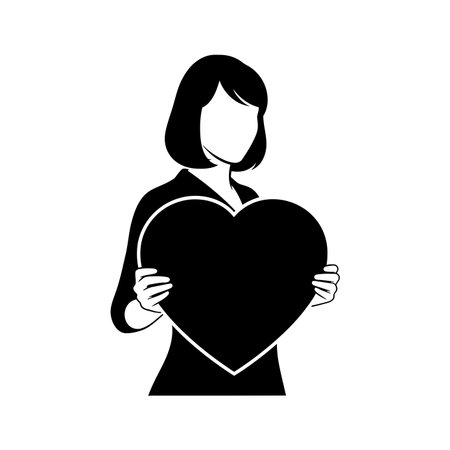 A woman is holding a heart shape, symbolizing love, care, and affection. The image is in black and white, giving it a classic and timeless feel.のイラスト素材