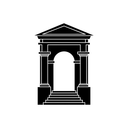 A striking black silhouette of a classical Roman archway with columns and steps, set against a clean white background.のイラスト素材
