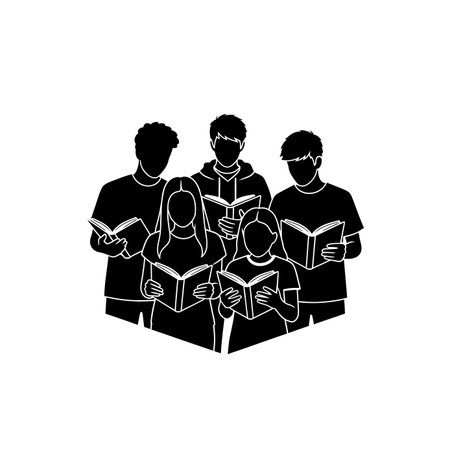 A silhouette illustration of a diverse group of students engaged in reading, symbolizing education and learning.のイラスト素材