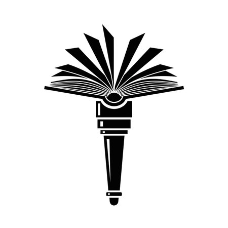 A black and white illustration of a torch with an open book as its flame, representing knowledge, learning, and intellectual illumination.のイラスト素材