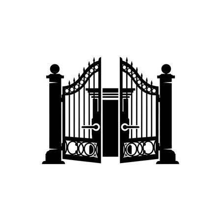 A classic black silhouette of an open wrought iron gate with decorative elements and sturdy pillars.のイラスト素材