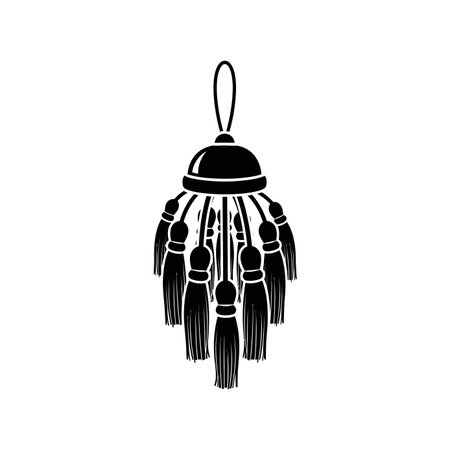 A black and white vector illustration of a decorative tassel ornament featuring multiple fringes hanging from a central bell-shaped top, with a loop for hanging.のイラスト素材