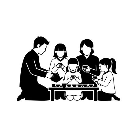 A black and white illustration of a family participating in a tea ceremony, with parents and children gathered around a low table.のイラスト素材