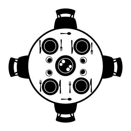 Black and white illustration of a circular dining table with four chairs, complete with place settings for a meal.のイラスト素材