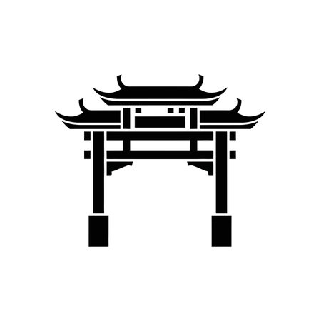 A black silhouette of a traditional Chinese torii gate, representing architectural style and cultural heritage.のイラスト素材