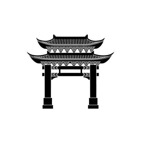 A striking black and white silhouette of a traditional Chinese archway, showcasing classic architectural details and cultural heritage.のイラスト素材