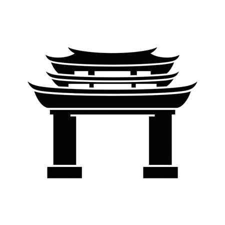 A minimalist black silhouette of a traditional Japanese torii gate, featuring multiple tiered roofs and sturdy pillars, set against a white background.のイラスト素材