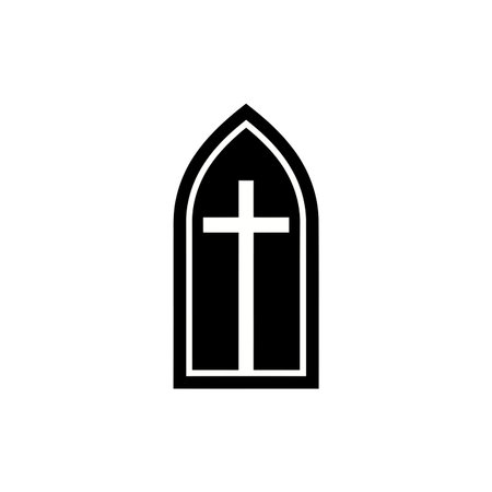 A minimalist black and white silhouette of a Christian cross set within a pointed Gothic arch window frame, symbolizing faith and religious architecture.のイラスト素材