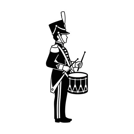 A drummer in a military uniform is depicted playing a snare drum, showcasing a classic musical performance.のイラスト素材