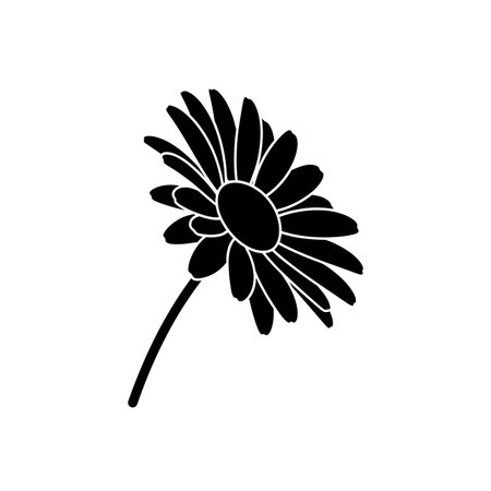 A minimalist black silhouette of a daisy flower, viewed from the side, with petals and a stem.のイラスト素材
