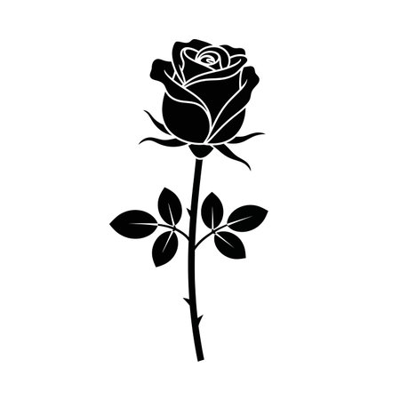 A minimalist black silhouette of a rose, showcasing its elegant form with a detailed bloom, stem, and leaves against a white background.のイラスト素材
