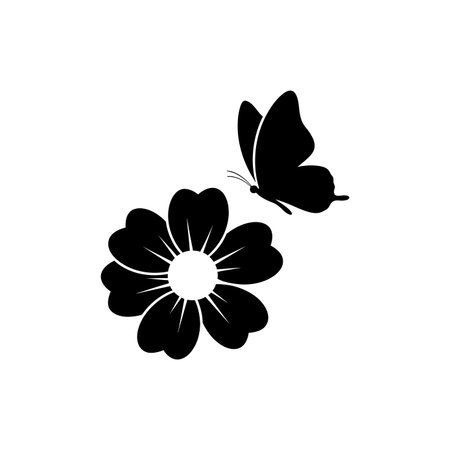 Black silhouette of a butterfly flying near a flower on a white background, simple and elegant designのイラスト素材