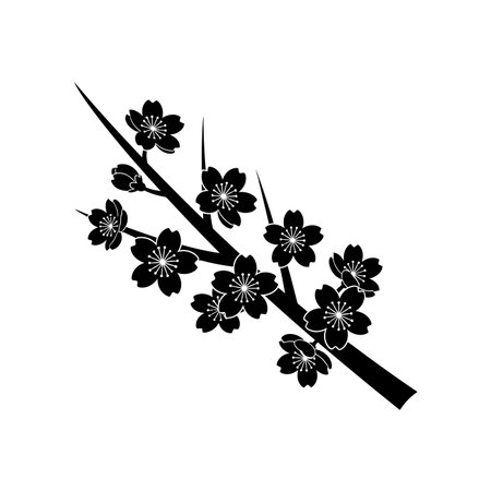 A minimalist black and white vector illustration of a cherry blossom branch with multiple flowers in bloom, perfect for design elements.のイラスト素材