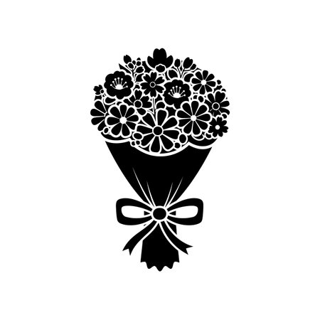 A beautiful silhouette of a floral bouquet, wrapped and tied with a bow, perfect for various design projects.のイラスト素材