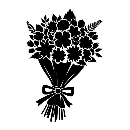 A striking black silhouette of a beautifully arranged floral bouquet, tied with a ribbon, perfect for design elements.のイラスト素材
