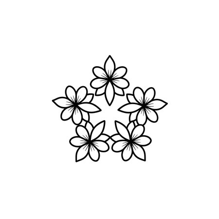 A minimalist black and white line art illustration of five flowers arranged in a star shape, perfect for various design applications.のイラスト素材