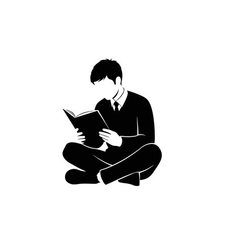 A minimalist black and white illustration of a man sitting cross-legged, engrossed in reading a book, on a plain white background.のイラスト素材