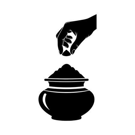 A black silhouette of a hand sprinkling powder into a traditional pot, symbolizing offerings or rituals.のイラスト素材