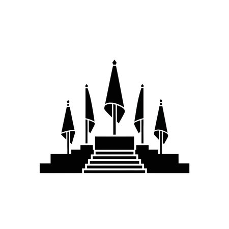 A black silhouette of Angkor Wat temple with five flags, representing a historical and religious landmark.のイラスト素材