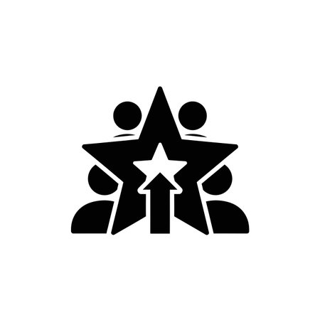 A black and white icon representing teamwork, success, and leadership, with a star and an upward...