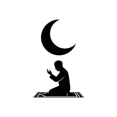 A silhouette of a Muslim man kneeling on a prayer mat, with a crescent moon above, symbolizing Islamic prayer and devotion.のイラスト素材