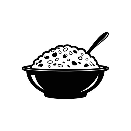 A simple black and white illustration of a bowl filled with rice and a spoon resting inside, ready to be eaten.のイラスト素材