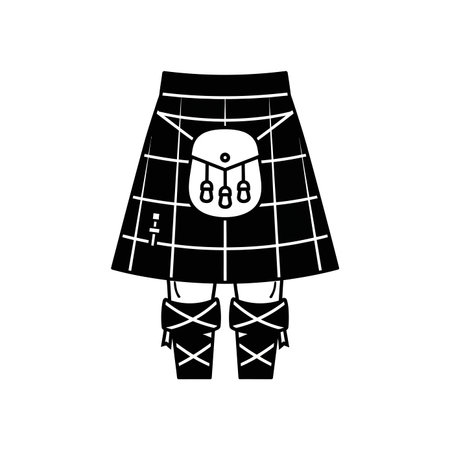 A black and white illustration of a traditional Scottish kilt with a sporran and socks, representing...