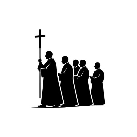 Silhouette of a group of priests in robes walking in a solemn religious procession, led by one...